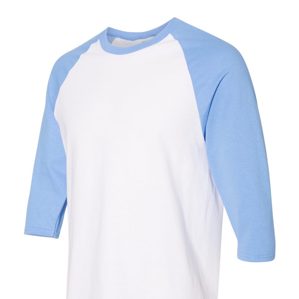 Gildan Raglan 3/4 sleeve t shirt. Colors:White/Carolina Blue